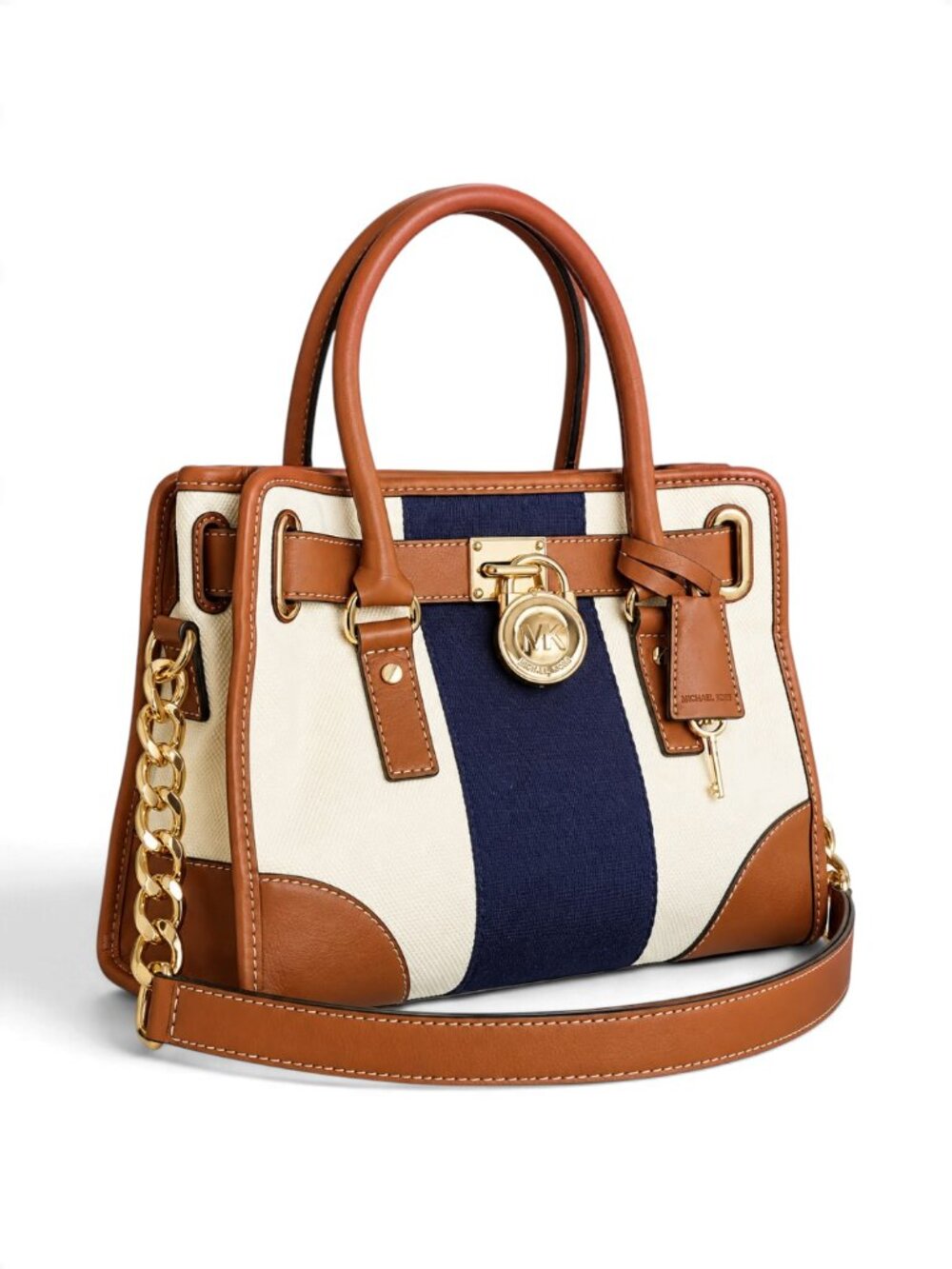 Michael Kors Hamilton East West Satchel Stripe Old Money Cream Navy Cognac - Picture 17 of 17